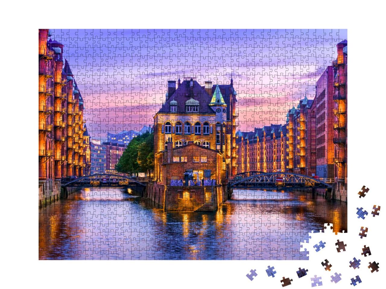 Puzzle 1000 Teile „Speicherstadt bei Abenddämmerung im Hamburger Hafen, Deutschland“