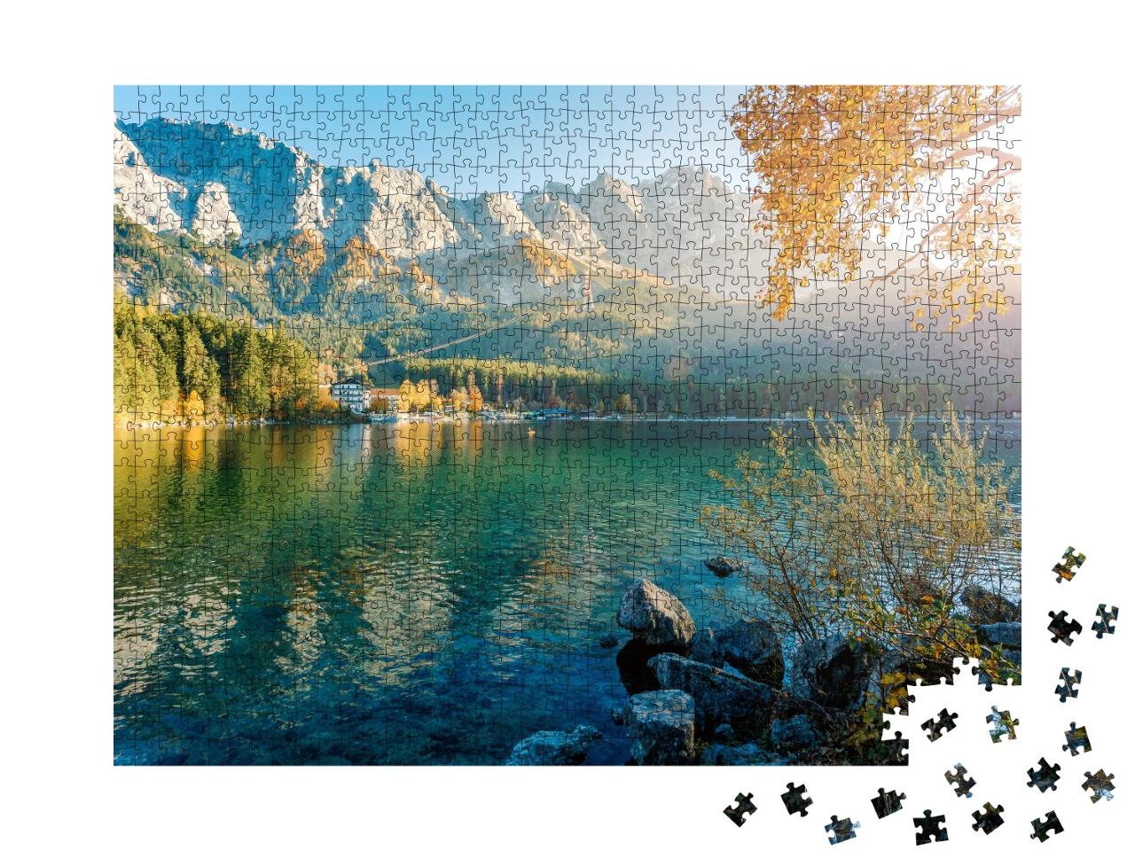 Puzzle 1000 Teile „Alpine Landschaft mit deutschen Alpen und Zugspitze am Eibsee, Bayern“