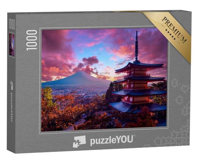 Puzzel 1000 stukjes „Prachtige zonsondergang, Chureito Pagoda en de berg Fuji, Japan“