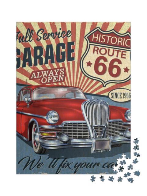 Puzzel 1000 stukjes „Vintage Route 66 bord met rode klassieke auto“