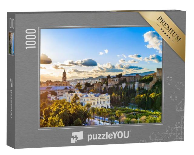 Puzzel 1000 stukjes „Zonsondergang met uitzicht op de kathedraal van Málaga“