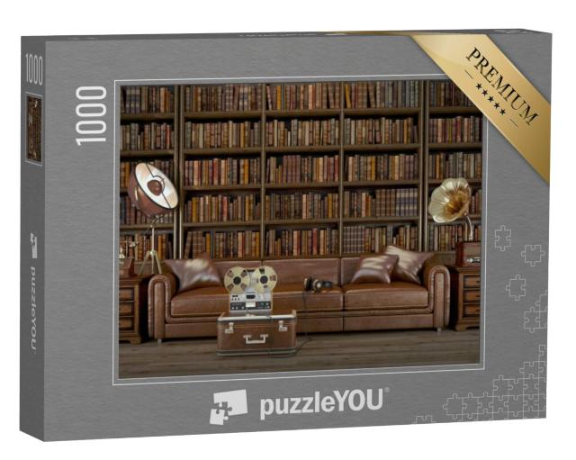 Puzzel 1000 stukjes „Stijlvolle vintage woonkamer met bibliotheek“