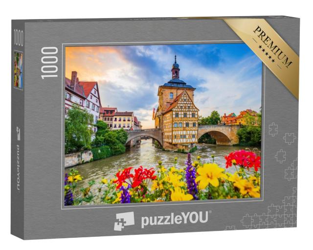 Puzzel 1000 stukjes „Oud stadhuis van Bamberg met twee bruggen over de Regnitz, Beieren“