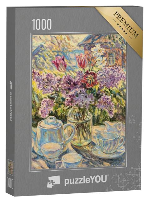 Puzzel 1000 stukjes „Stilleven salontafel met bloemen“