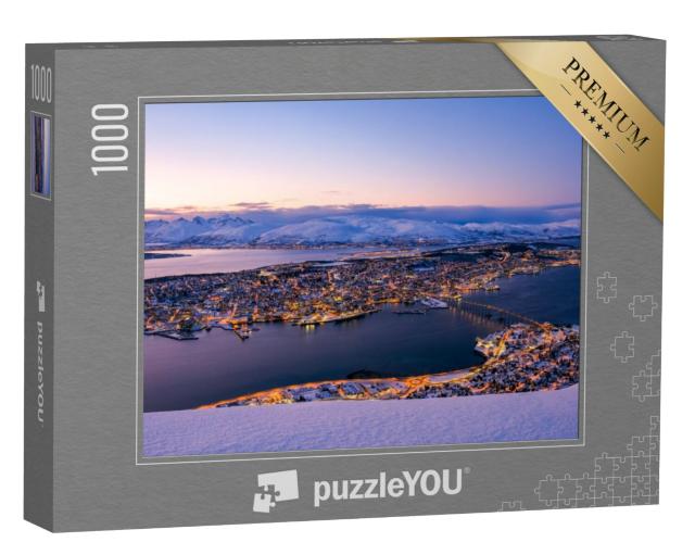 Puzzel 1000 stukjes „Zonsondergang in de winter: Fjellheisen kabelbaan boven Tromso, Noorwegen“