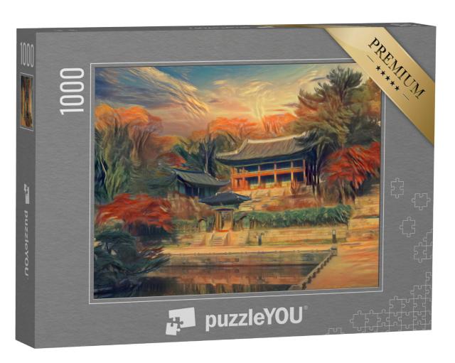 Puzzel 1000 stukjes „in de stijl van Edvard Munch, De schreeuw - Herfst in het Changdeokgung Paleis in Seoul, Zuid-Korea“