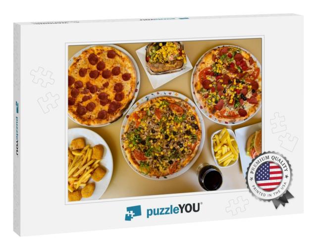 Pizza Party Dinner. Flat-Lay of Various Kinds of Pizza Ov... Jigsaw Puzzle