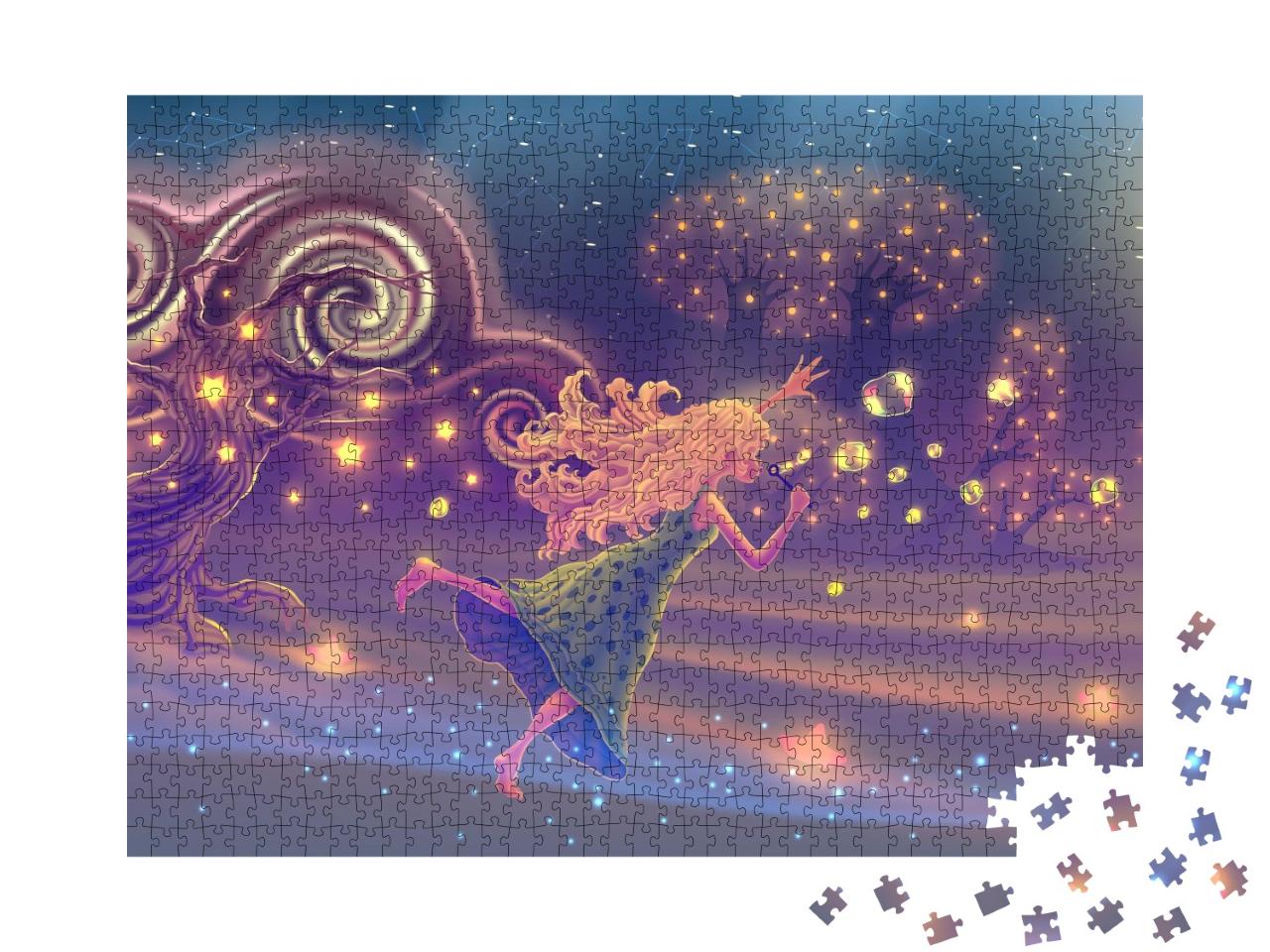 Puzzle 1000 Teile „Fantasy-Illustration: Träumendes Mädchen mit Seifenblasen“