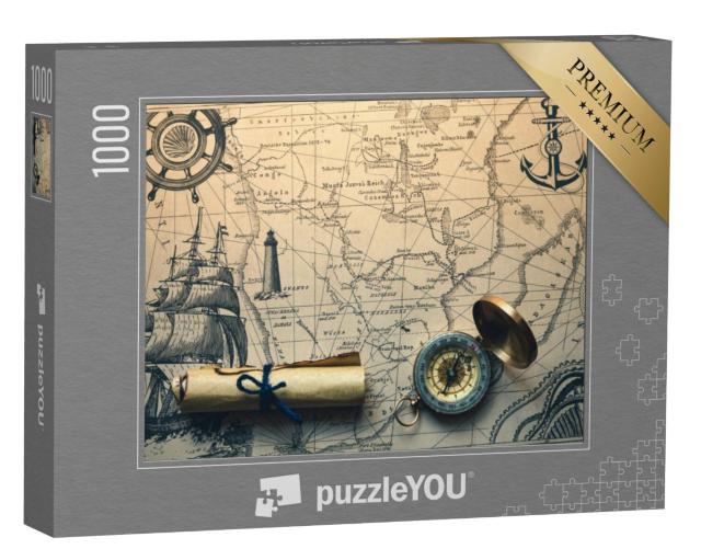 Puzzel 1000 stukjes „Vintage fotografie: Kompas op een oude navigatiekaart“