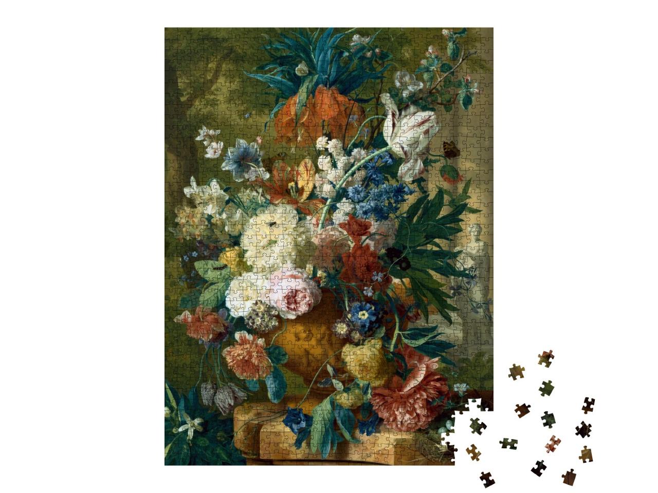 Puzzle 1000 Teile „Opulenter Strauß aus Tulpen und Rosen, Stillleben von 2019, Öl auf Leinwand“