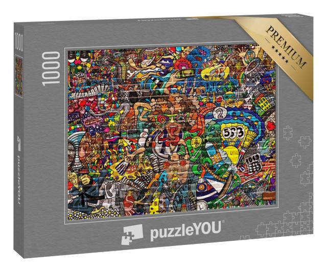 Puzzle 1000 Teile „Graffiti. Sport-Collage auf einer großen Backsteinmauer“