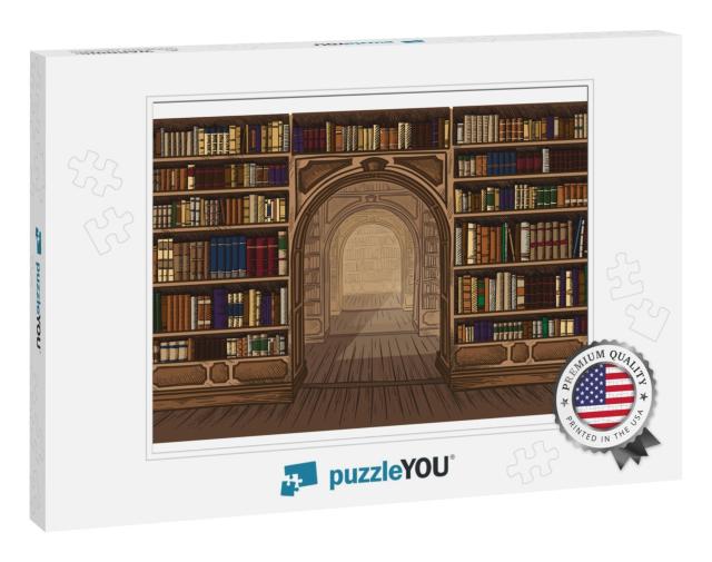 Library Book Shelf Interior Graphic Sketch Colorful Illus... Jigsaw Puzzle