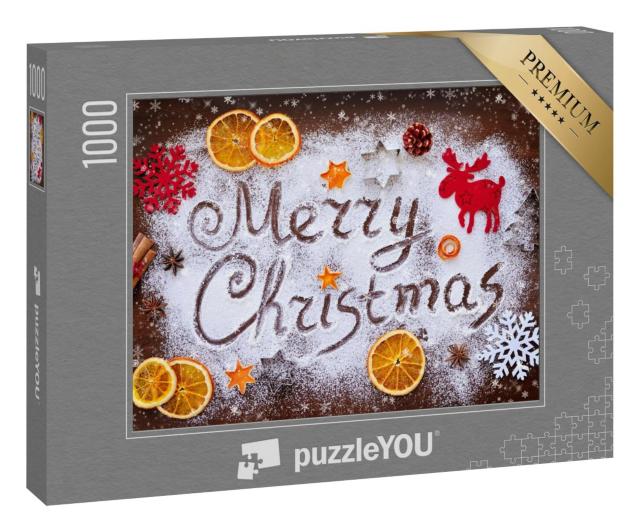 Puzzle 1000 Teile „Fröhliche Weihnachten: Text aus Mehl mit Dekorationen“