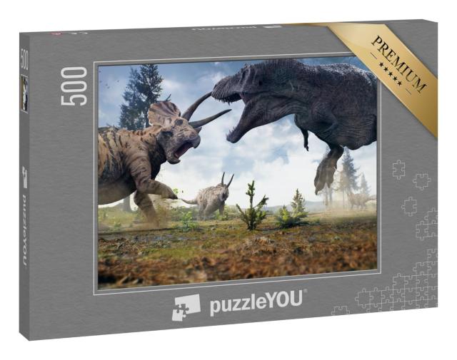 Puzzle 500 Teile „Ein Tyrannosaurus Rex im Kampf gegen eine Triceratops-Herde“