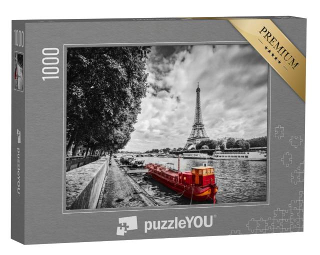 Puzzel 1000 stukjes „Eiffeltoren over de Seine met rood schip, Parijs, Frankrijk“