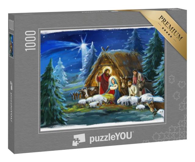 Puzzle „Traditionelle Weihnachtsszene mit der heiligen Familie und Tieren“