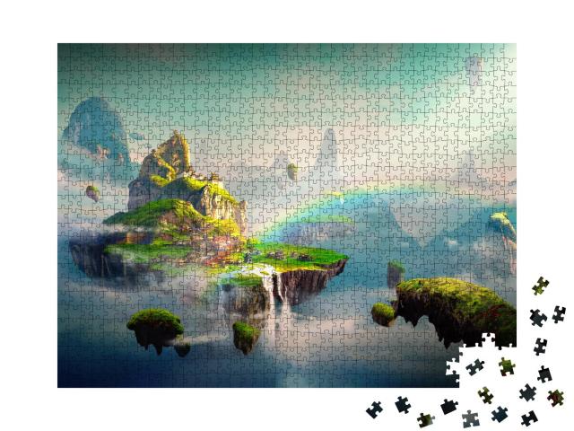Puzzle 1000 Teile „Digitale Kunst: Fantasieszene einer fliegenden chinesischen Stadt“