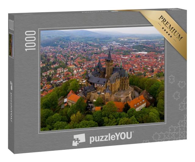 Puzzle 1000 Teile „Schloss von Wernigerode, Harz, Sachsen-Anhalt, Deutschland, Luftaufnahme von oben“