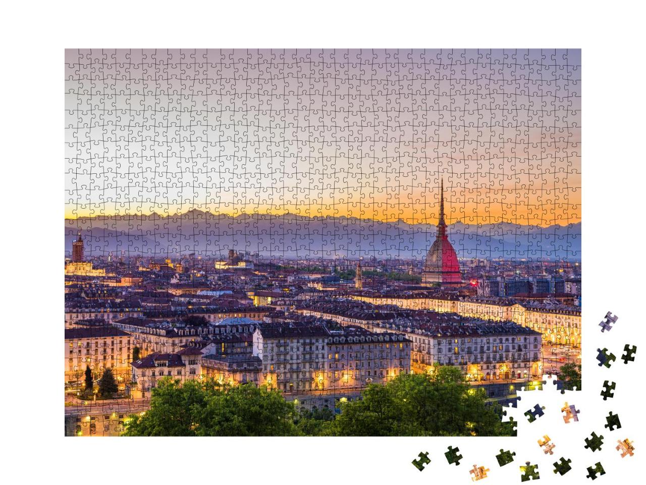 Puzzle 1000 Teile „Skyline von Turin in Italien, Stadtbild bei Sonnenuntergang “