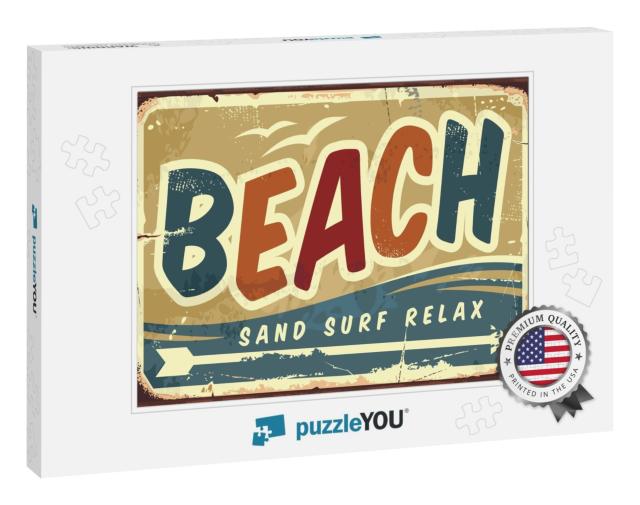 Beach Sign Vector Retro Background. Vintage Signboard wit... Jigsaw Puzzle