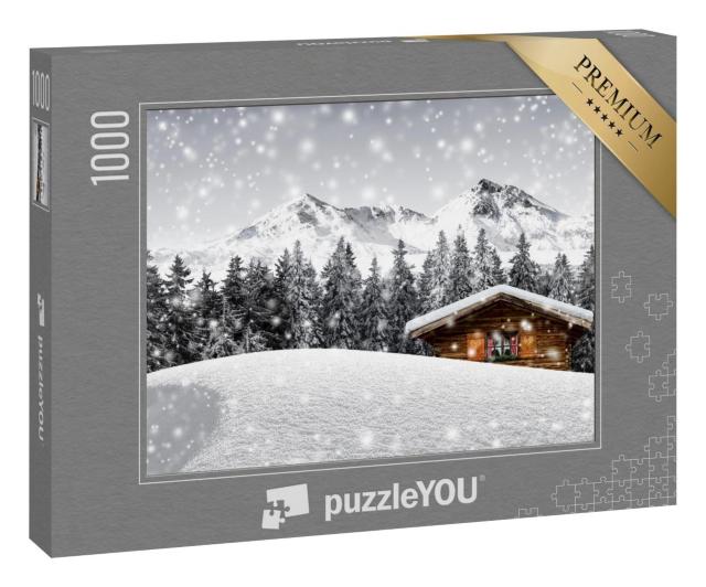Puzzle 1000 Teile „Gemütliche Holzhütte in den verschneiten Bergen“