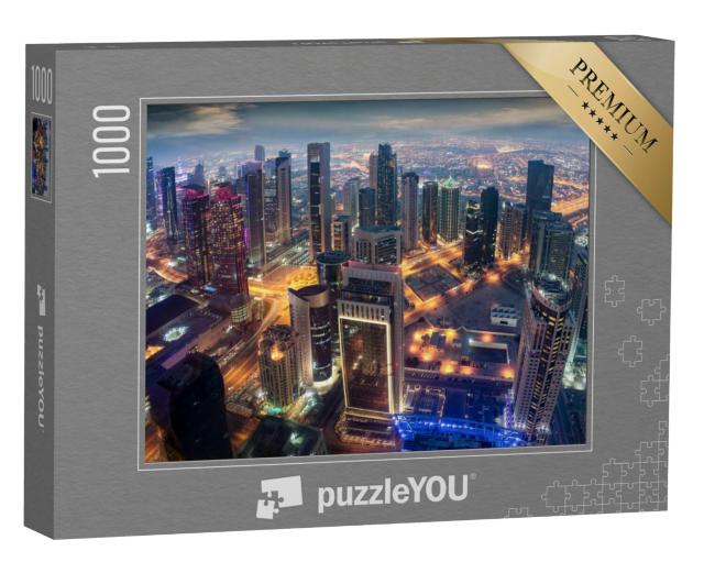 Puzzel 1000 stukjes „Luchtfoto van het verlichte centrum van Doha, Qatar“