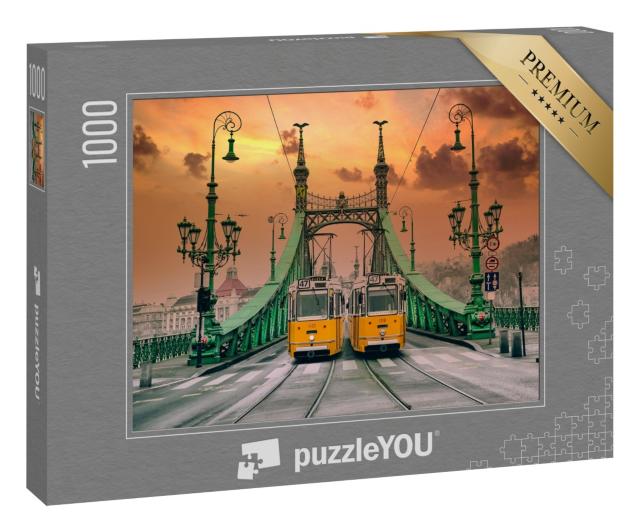 Puzzle 1000 Teile „Zwei gelbe Trams auf der Freiheitsbrücke, Budapest, Architektur des Jugendstils“