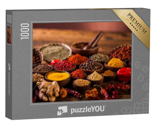 Puzzel 1000 stukjes „Houten tafel met kleurrijke kruiden“