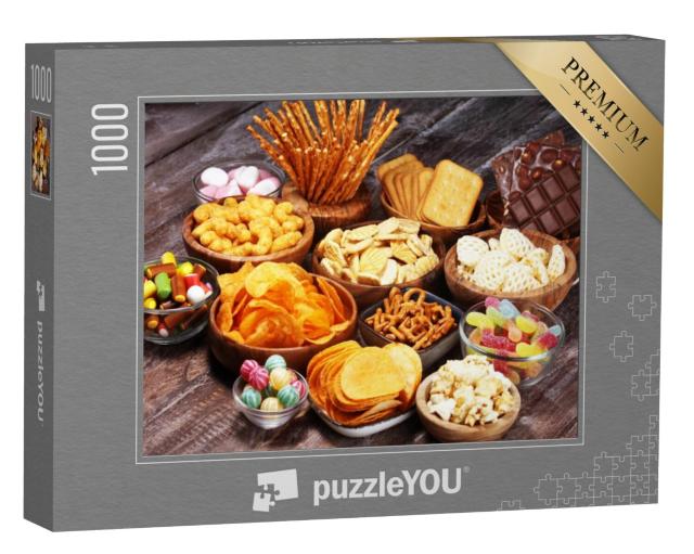 Puzzel 1000 stukjes „Klaar voor de feestavond: kleurrijke selectie snacks“