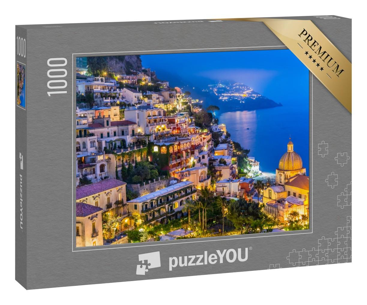 Puzzle 1000 Teile „Nachtansicht des Dorfes Positano an der Amalfiküste, Italien“