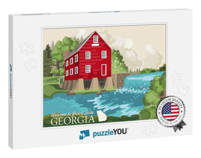 Georgia USA Postcard. Peach State Vector Poster. Travel Ba... Jigsaw Puzzle