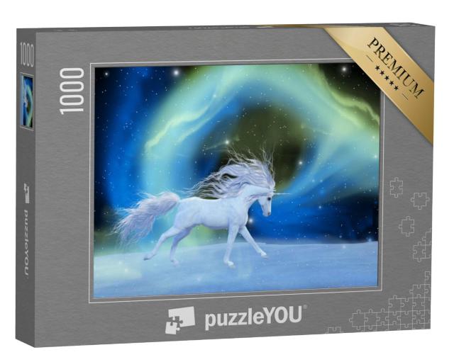 Puzzel 1000 stukjes „Digitale kunst: Mystieke eenhoorn in een universum van aurora nevels“