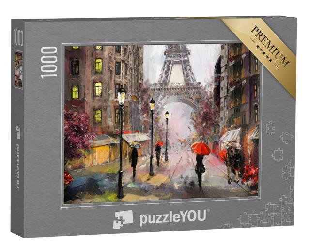 Puzzel 1000 stukjes „Olieverfschilderij met straatbeeld van Parijs: Eiffeltoren en mensen met paraplu's“