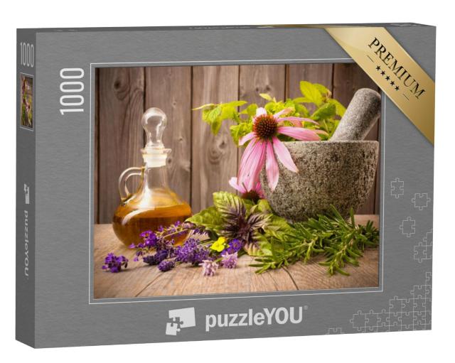 Puzzel 1000 stukjes „Geneeskrachtige kruiden met vijzel en essentiële olie“