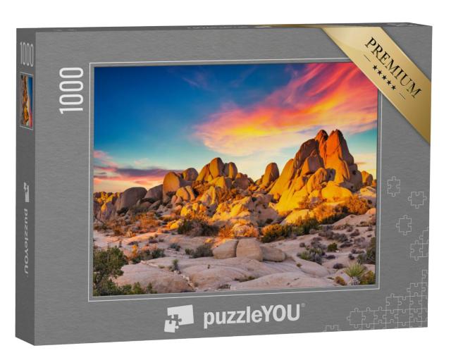 Puzzel 1000 stukjes „Rotsen in de gloedvolle zonsondergang, Joshua Tree National Park, Californië“