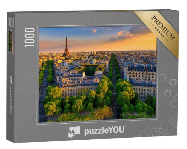 Puzzel 1000 stukjes „Skyline van Parijs met Eiffeltoren bij zonsondergang, Frankrijk“