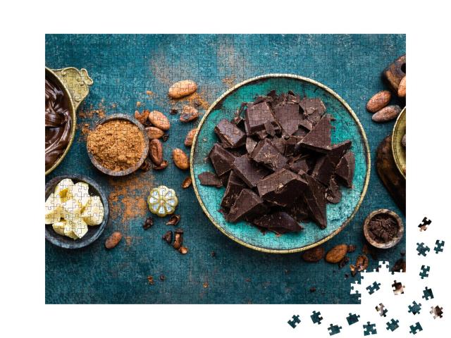 Puzzle 1000 Teile „Dunkle Bitterschokolade mit Kakaopulver und Bohnen“