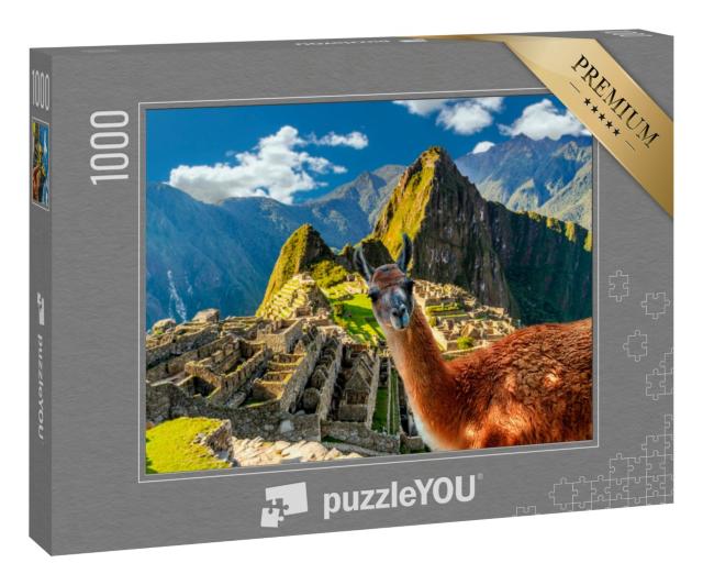 Puzzle 1000 Teile „Lama, das am Aussichtspunkt Machu Picchu in Peru steht“