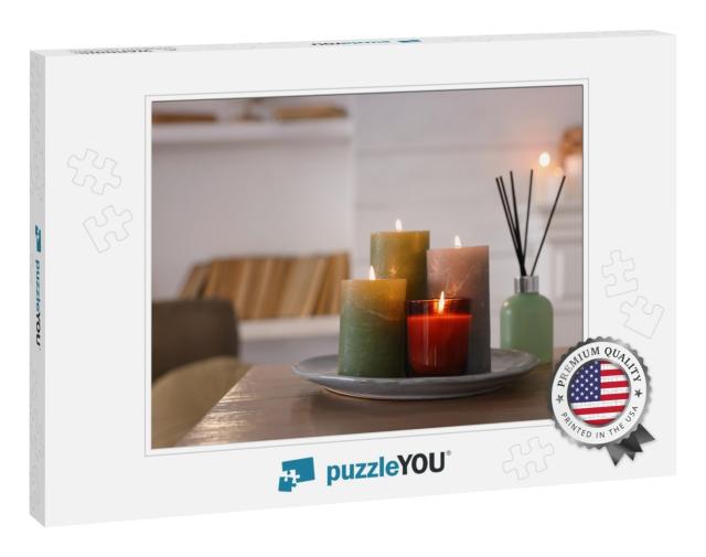 Beautiful Burning Candles & Air Freshener on Wooden Table... Jigsaw Puzzle