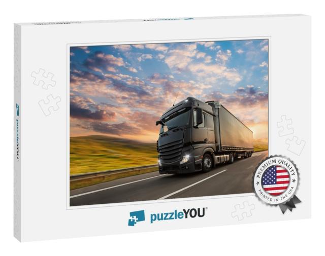 Truck with Container on Highway, Cargo Transportation Con... Jigsaw Puzzle