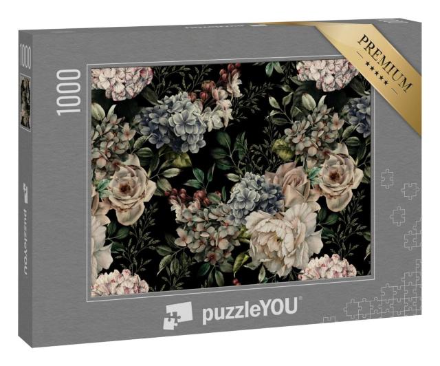 Puzzle 1000 Teile „Nahtloses florales Muster, Blumen auf dunklem Hintergrund, Aquarell“