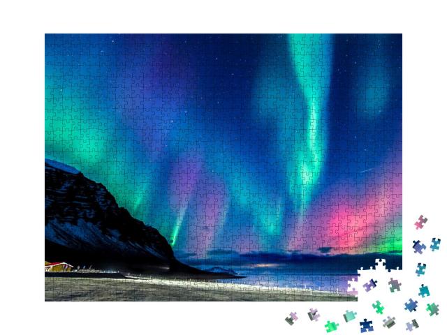 Puzzle 1000 Teile „Farbenfrohe Polarlichter in Island“