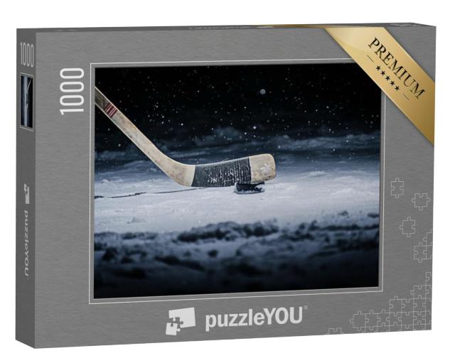 Puzzel 1000 stukjes „Hockeystick en puck op de ijsbaan“