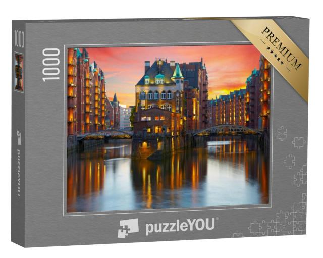 Puzzel 1000 stukjes „Oude pakhuiswijk in Hamburg bij nacht“