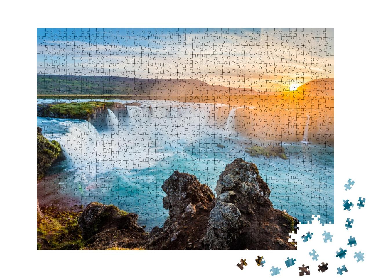 Puzzle 1000 Teile „Godafoss-Wasserfall im Sonnenuntergang, Island“