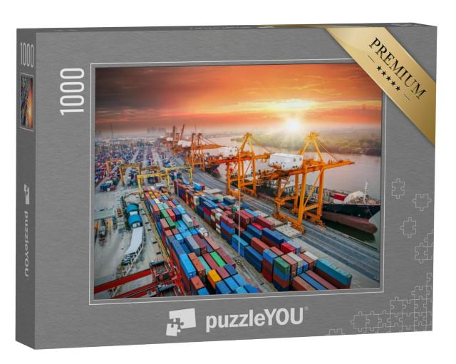 Puzzel 1000 stukjes „Containervrachtschepen en kraanbruggen in de haven“