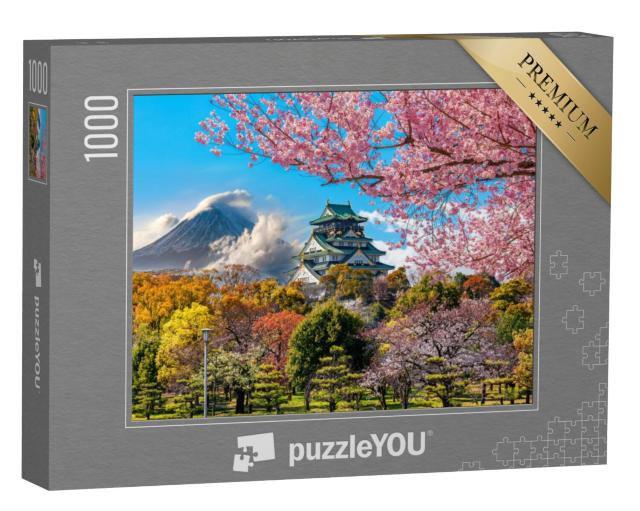 Puzzel 1000 stukjes „Kersenbloesem bij het kasteel van Osaka en de berg Fuji, Japan“