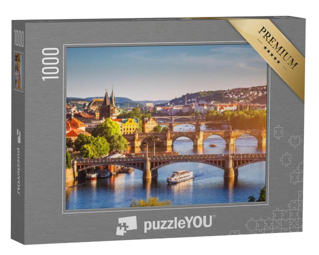 Puzzel 1000 stukjes „Zonsondergang over de Karelsbrug in Praag, Vltava, Tsjechië“