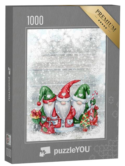 Puzzel 1000 stukjes „Cartoons met kerstkabouters, wenskaart voor kerstmis“