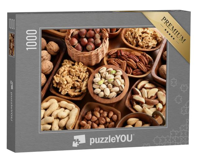 Puzzel 1000 stukjes „Verschillende soorten noten in houten doppen“